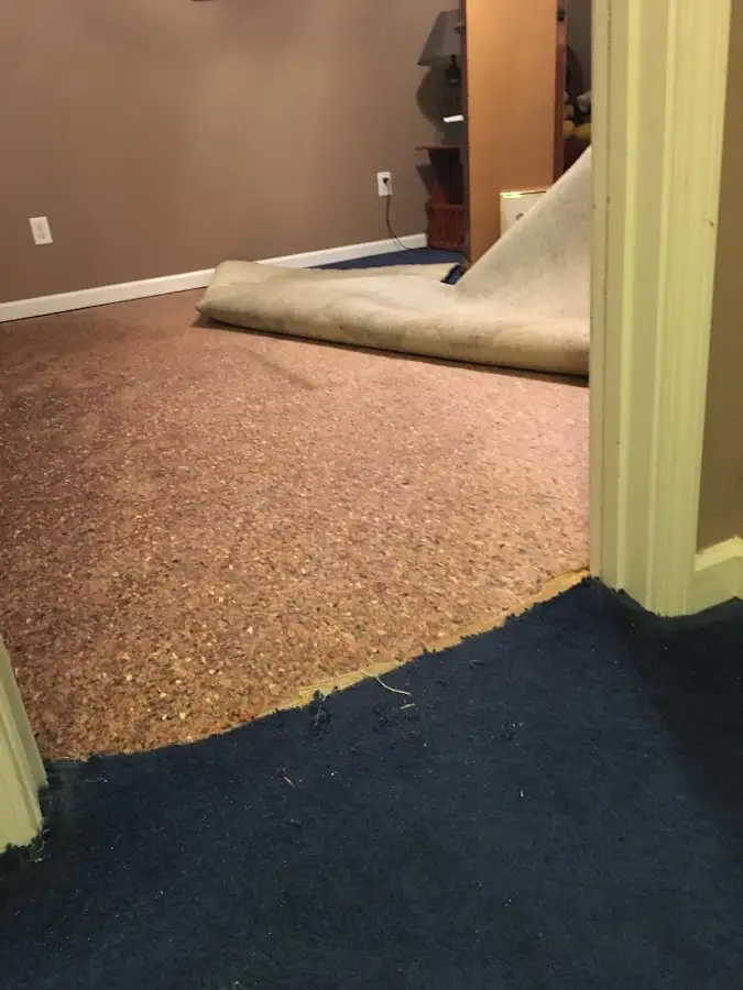 Carpet pad removal revealing water damage during Drying & Dehumidification in South Bay