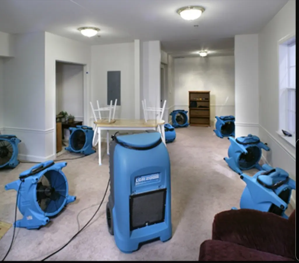 Air movers and dehumidifier setup for Water Damage Restoration in South Bay
